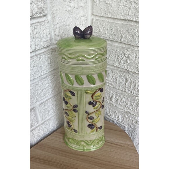VTG Italian Oval Ceramic Pasta Spaghetti Canister Jar 3-D Olives Tall Lidded - Picture 8 of 12